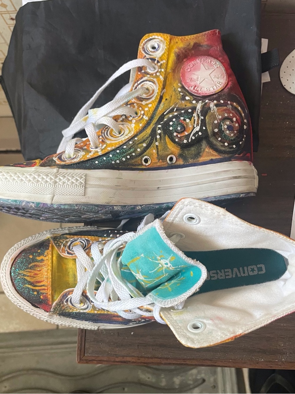 Converse Hand-Painted High-Top Sneakers, Teal, Yellow & Red Paisley, Sz 10.